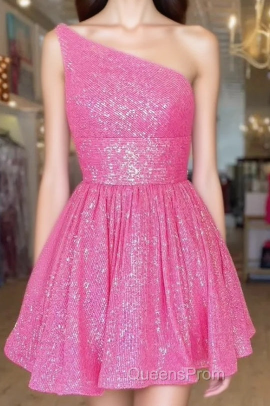 Hot Pink Evening Prom Dress One Shoulder A Line Short Homecoming Dress Sequins Main image
