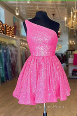 Hot Pink Evening Prom Dress One Shoulder A Line Short Homecoming Dress Sequins
