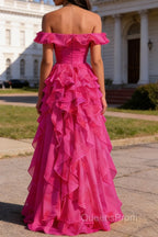 Hot Pink Ruffled A-Line Square Neck Long Prom Dress