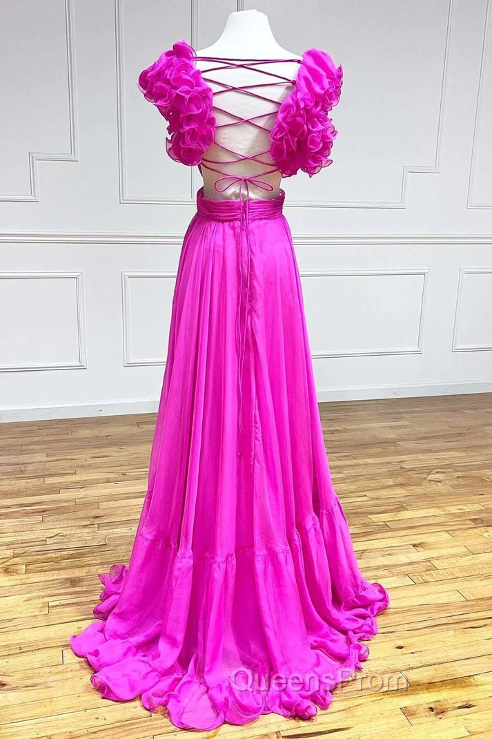 Hot Pink Ruffles Lace-Up Back A-Line Evening Prom Dress, Evening Dress