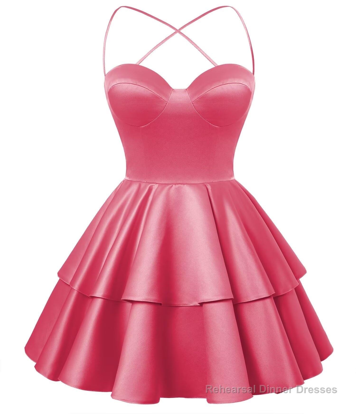 Hot Pink Satin Homecoming Dress Sweetheart Neck Tiered Short Graduation Dresses Main image