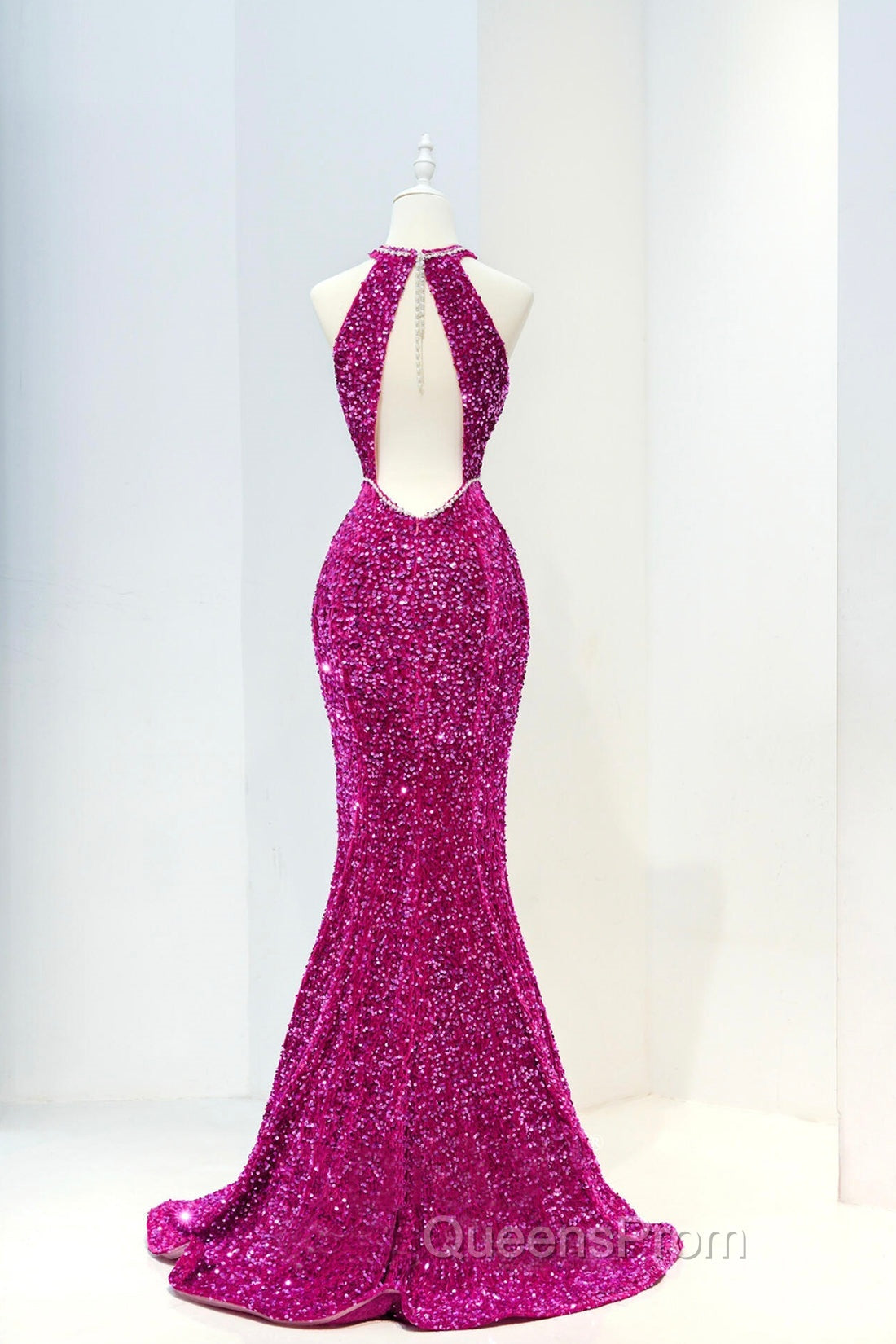 Hot Pink Sequins Long Evening Prom Dress, Mermaid Backless Evening Dress Secondary image