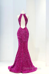 Hot Pink Sequins Long Evening Prom Dress, Mermaid Backless Evening Dress