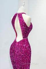 Hot Pink Sequins Long Evening Prom Dress, Mermaid Backless Evening Dress
