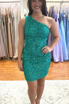 Hot Pink Sequins Tight One Shoulder Homecoming Dress