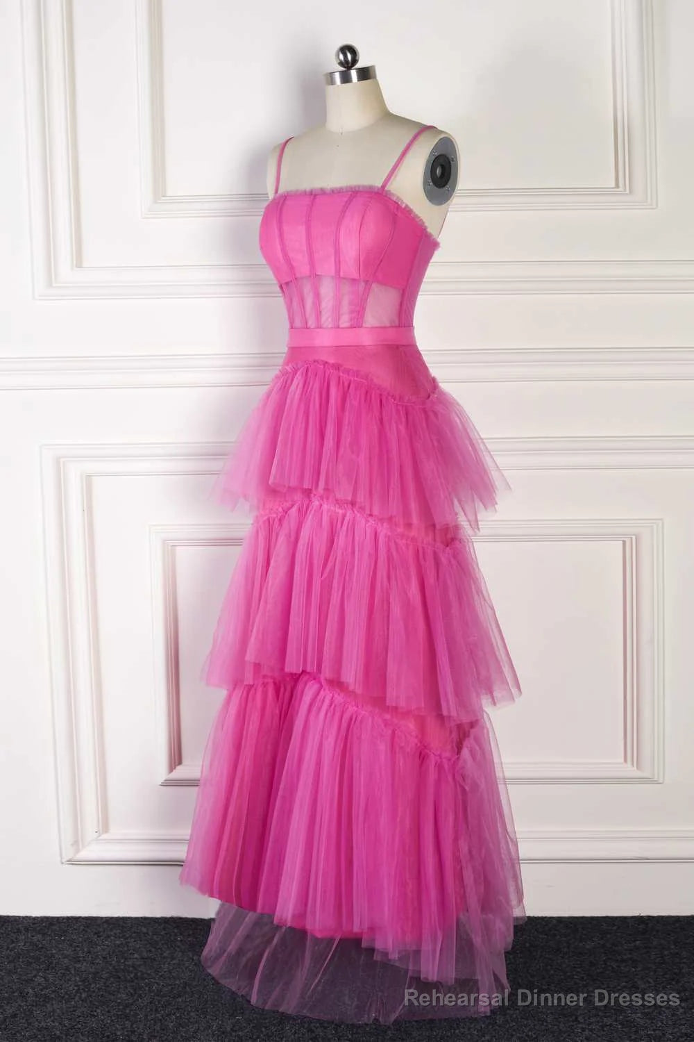 Hot Pink Spaghetti Straps A-Line Tulle Tiered Long Party Dress Secondary image