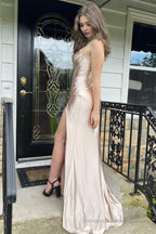 Hot Pink Spaghetti Straps Satin Mermaid Prom Dress with Slit
