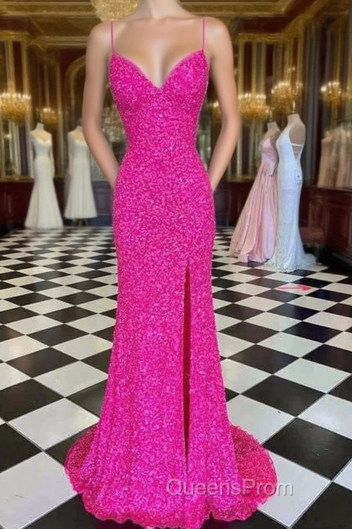 Hot Pink Straps Evening Prom Dress With Slit Main image