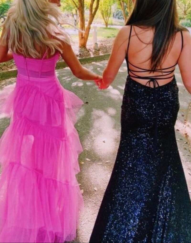 Hot Pink Straps Tiered A-Line Long Classy Prom Dress Secondary image