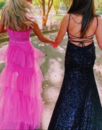Hot Pink Straps Tiered A-Line Long Classy Prom Dress