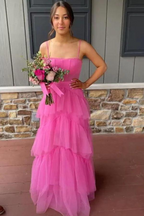 Hot Pink Straps Tiered A-Line Long Classy Prom Dress
