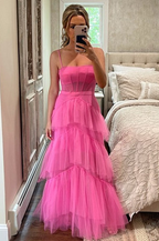 Hot Pink Straps Tiered A-Line Long Classy Prom Dress