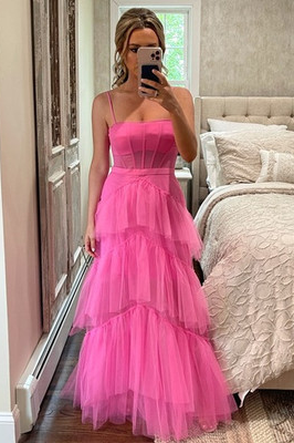 Hot Pink Straps Tiered A-Line Long Classy Prom Dress