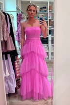 Hot Pink Straps Tiered A-Line Long Classy Prom Dress