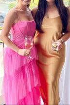Hot Pink Straps Tiered A-Line Long Classy Prom Dress