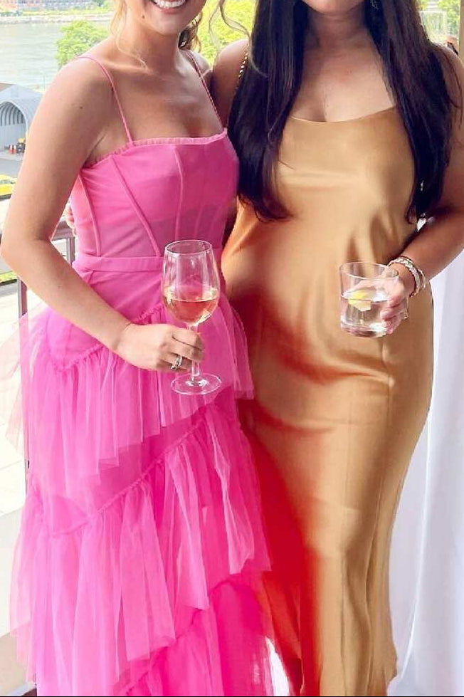 Hot Pink Straps Tiered A-Line Long Classy Prom Dress