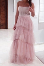 Hot Pink Straps Tiered A-Line Long Classy Prom Dress