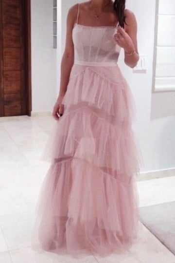Hot Pink Straps Tiered A-Line Long Classy Prom Dress