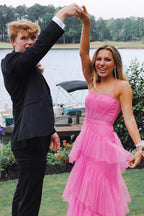 Hot Pink Straps Tiered A-Line Long Classy Prom Dress