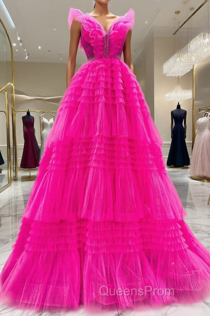 Hot Pink Tulle Long Evening Prom Dress, Hot Pink Long Formal Graduation Dress Main image