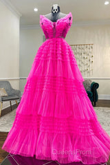Hot Pink Tulle Long Evening Prom Dress, Hot Pink Long Formal Graduation Dress
