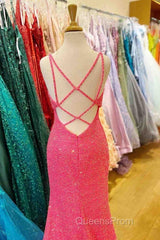 Hot Pink V Neck Sequins Long Evening Prom Dress Crossed Back Mermaid With Slit