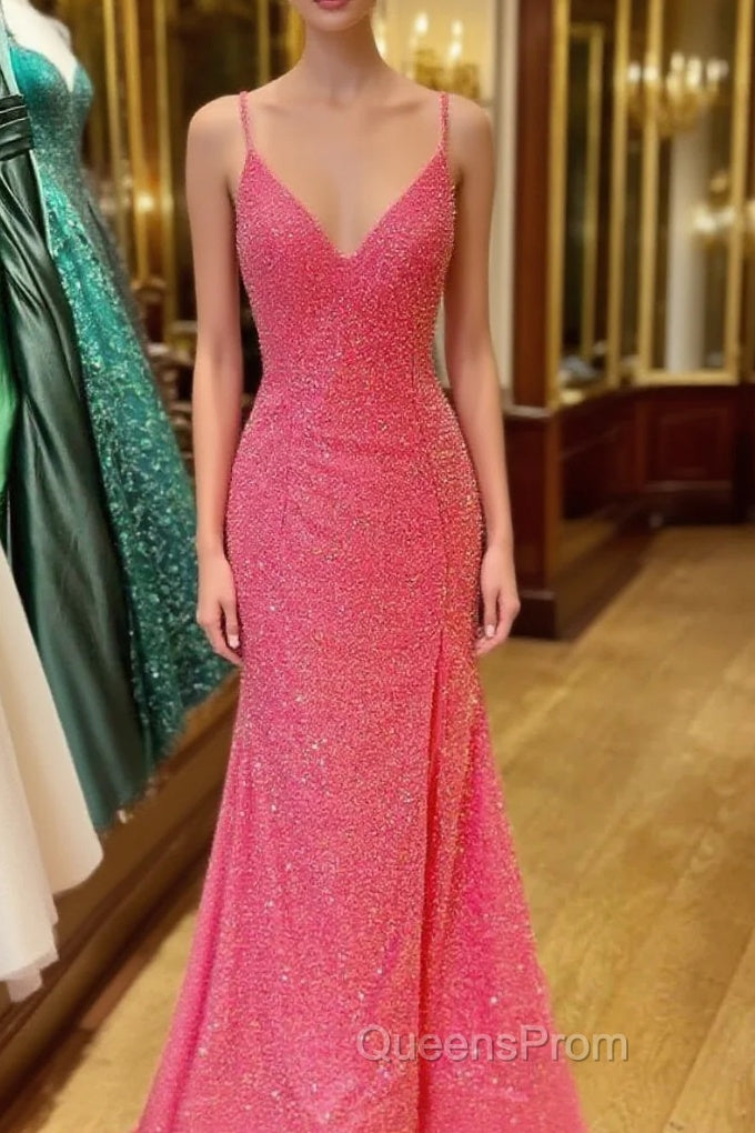 Hot Pink V Neck Sequins Long Evening Prom Dress Crossed Back Mermaid With Slit Main image
