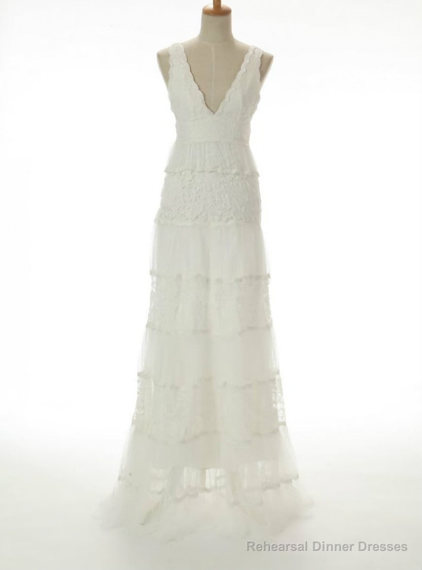 Hot Sale A-line V-neck Cascade Gorgeous Lace Wedding Dresses Main image