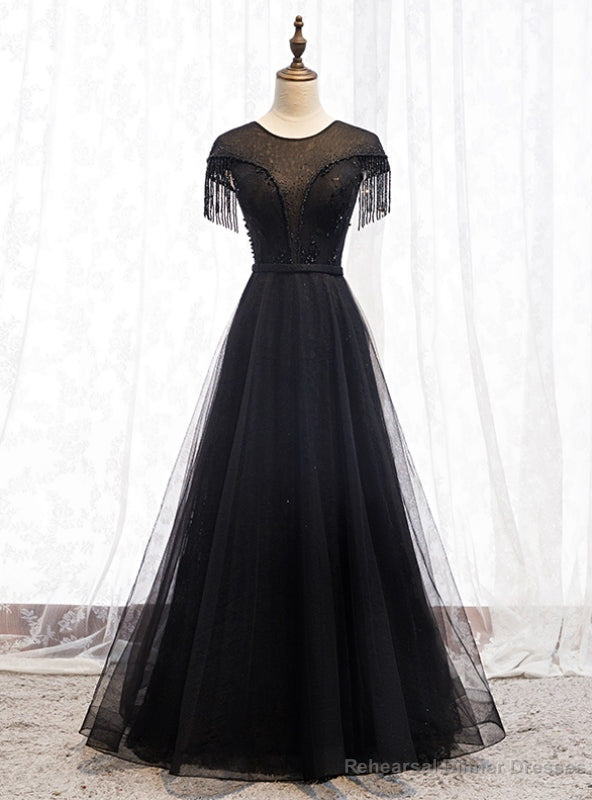 Hot Sale Black Tulle Lace Cap Sleeve Beading Prom Dress Main image