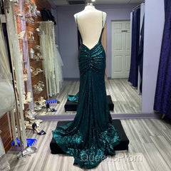 Hot Sequin Emerald Green Evening Prom Dress Backless Long Evening Dress