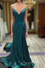 Hot Sequin Emerald Green Evening Prom Dress Backless Long Evening Dress