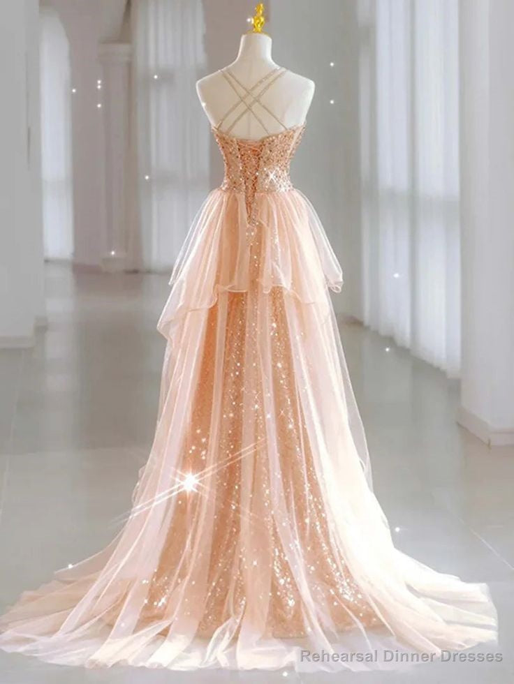 Hot Shiny A line Spaghetti Straps Sleeveless Sequin Tulle Long Prom Dresses Secondary image