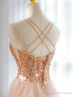 Hot Shiny A line Spaghetti Straps Sleeveless Sequin Tulle Long Prom Dresses