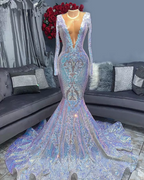 Hot Sparkle Sequin V Neck Long Sleeves Mermaid Prom Dresses