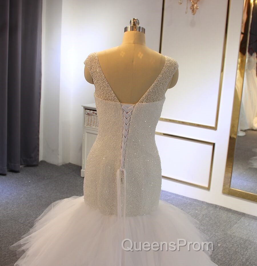 Hot Straps Mermaid Sequin Tulle White Wedding Dress V Neck With Beadings Secondary image