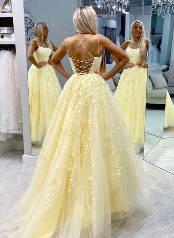 Hot Yellow Tulle Lace Long Classy Prom Dress Party Dress Secondary image