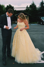 Hot Yellow Tulle Lace Long Classy Prom Dress Party Dress