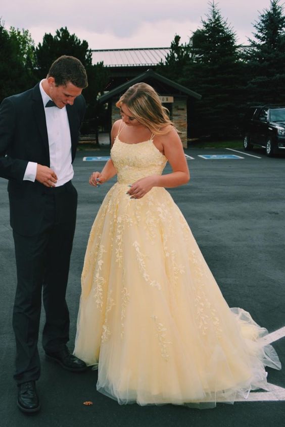 Hot Yellow Tulle Lace Long Classy Prom Dress Party Dress