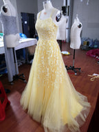 Hot Yellow Tulle Lace Long Classy Prom Dress Party Dress
