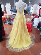 Hot Yellow Tulle Lace Long Classy Prom Dress Party Dress