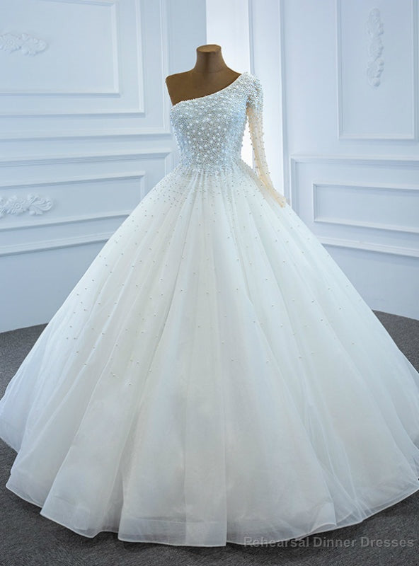 Hottest Items White Tulle One Shoulder Long Sleeve Pearls Wedding Dress Main image