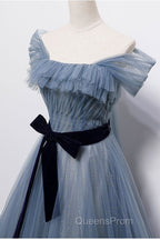 Blue Off the Shoulder Tulle Long Evening Prom Dress with Sash, Sparkly Formal Gown