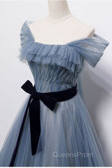 Blue Off the Shoulder Tulle Long Evening Prom Dress with Sash, Sparkly Formal Gown