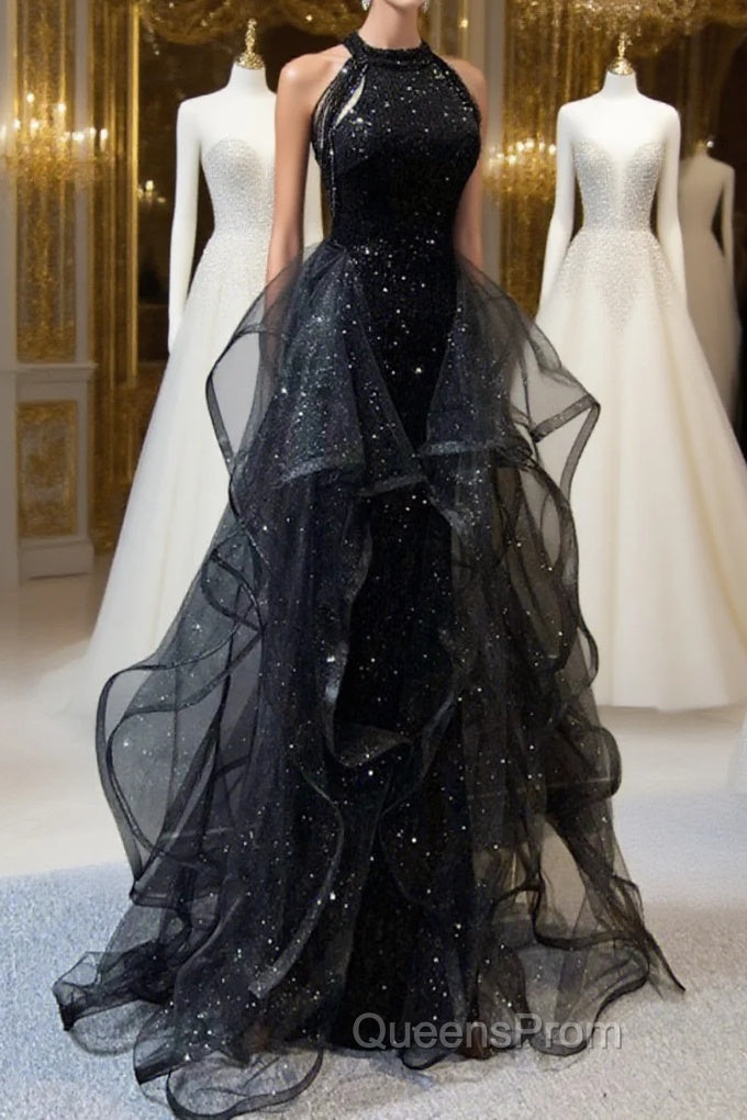 A-Line Evening Prom Dress Vintage Dress Wedding Guest Wedding Party Sweep / Brush Train Sleeveless Halter Neck Wednesday Addams Family Sequined with Crystals Sequin Ruffles Masquerade Dress Main image