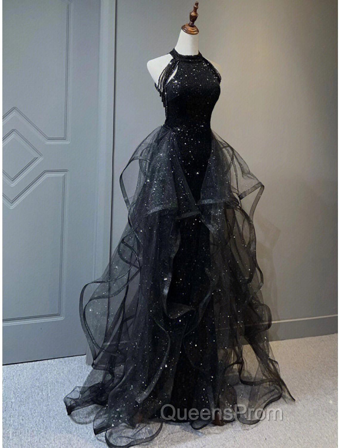 A-Line Evening Prom Dress Vintage Dress Wedding Guest Wedding Party Sweep / Brush Train Sleeveless Halter Neck Wednesday Addams Family Sequined with Crystals Sequin Ruffles Masquerade Dress Secondary image