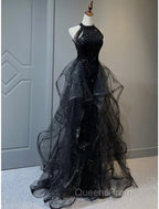A-Line Evening Prom Dress Vintage Dress Wedding Guest Wedding Party Sweep / Brush Train Sleeveless Halter Neck Wednesday Addams Family Sequined with Crystals Sequin Ruffles Masquerade Dress