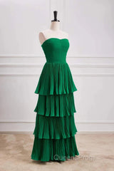 Hunter Green A-Line Chiffon Strapless Layers Long Evening Prom Dress Formal Evening Dress