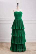 Hunter Green A-Line Chiffon Strapless Layers Long Evening Prom Dress Formal Evening Dress