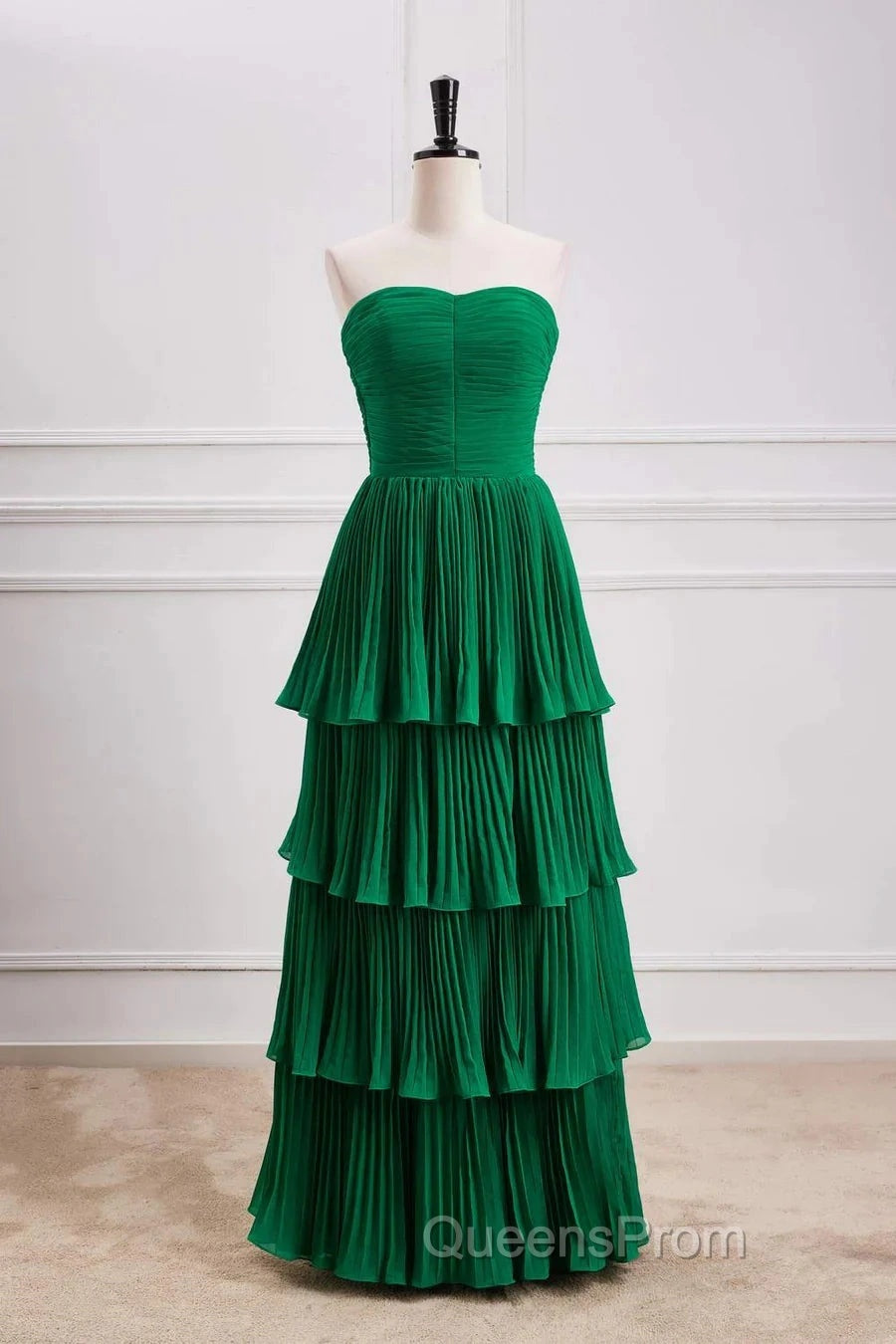 Hunter Green A-Line Chiffon Strapless Layers Long Evening Prom Dress Formal Evening Dress