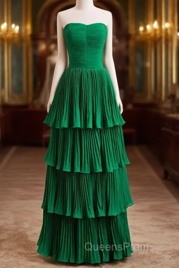 Hunter Green A-Line Chiffon Strapless Layers Long Evening Prom Dress Formal Evening Dress Main image